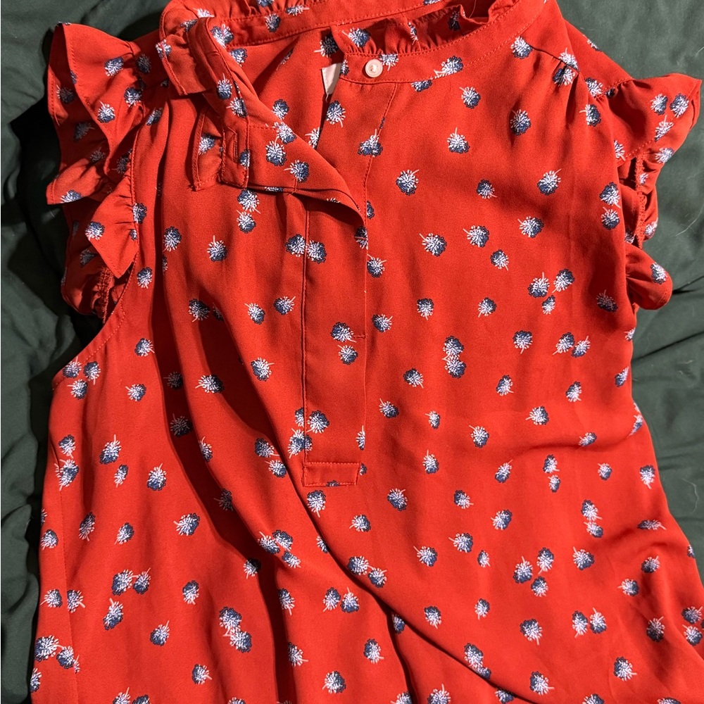 LOFT Red Floral Ruffle-Sleeve Tunic